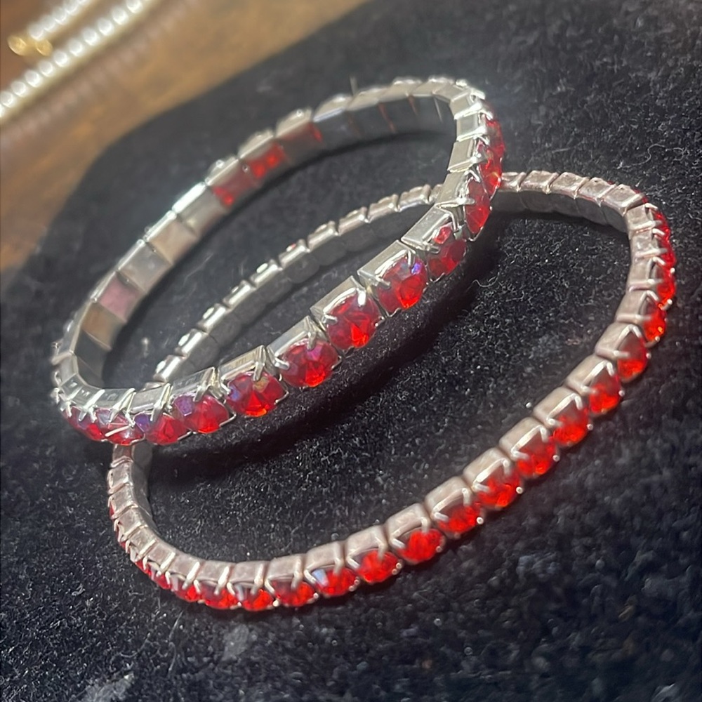 Vtg Red Foil Back & Pink Stretch Gem Bracelets (2)